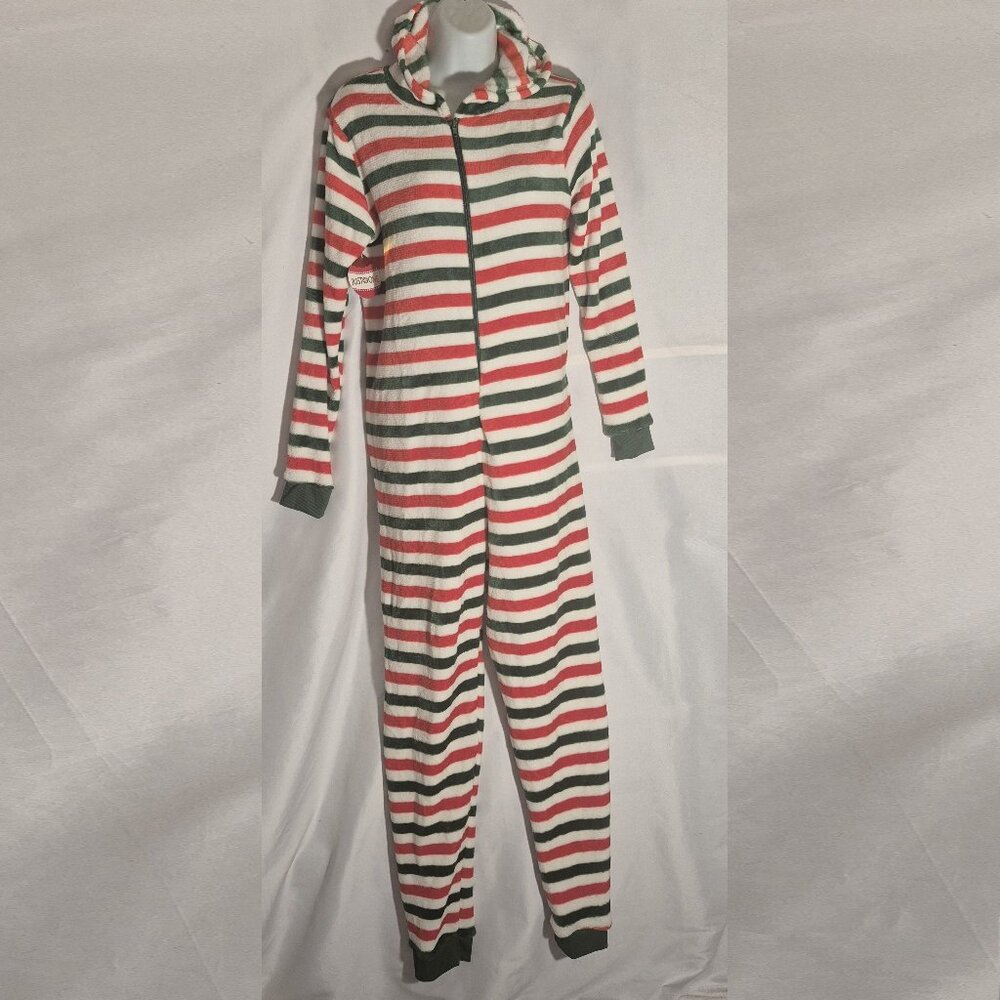 Onesie Cute Holiday stripped Hooded onesie by Just One in size Medium NWT